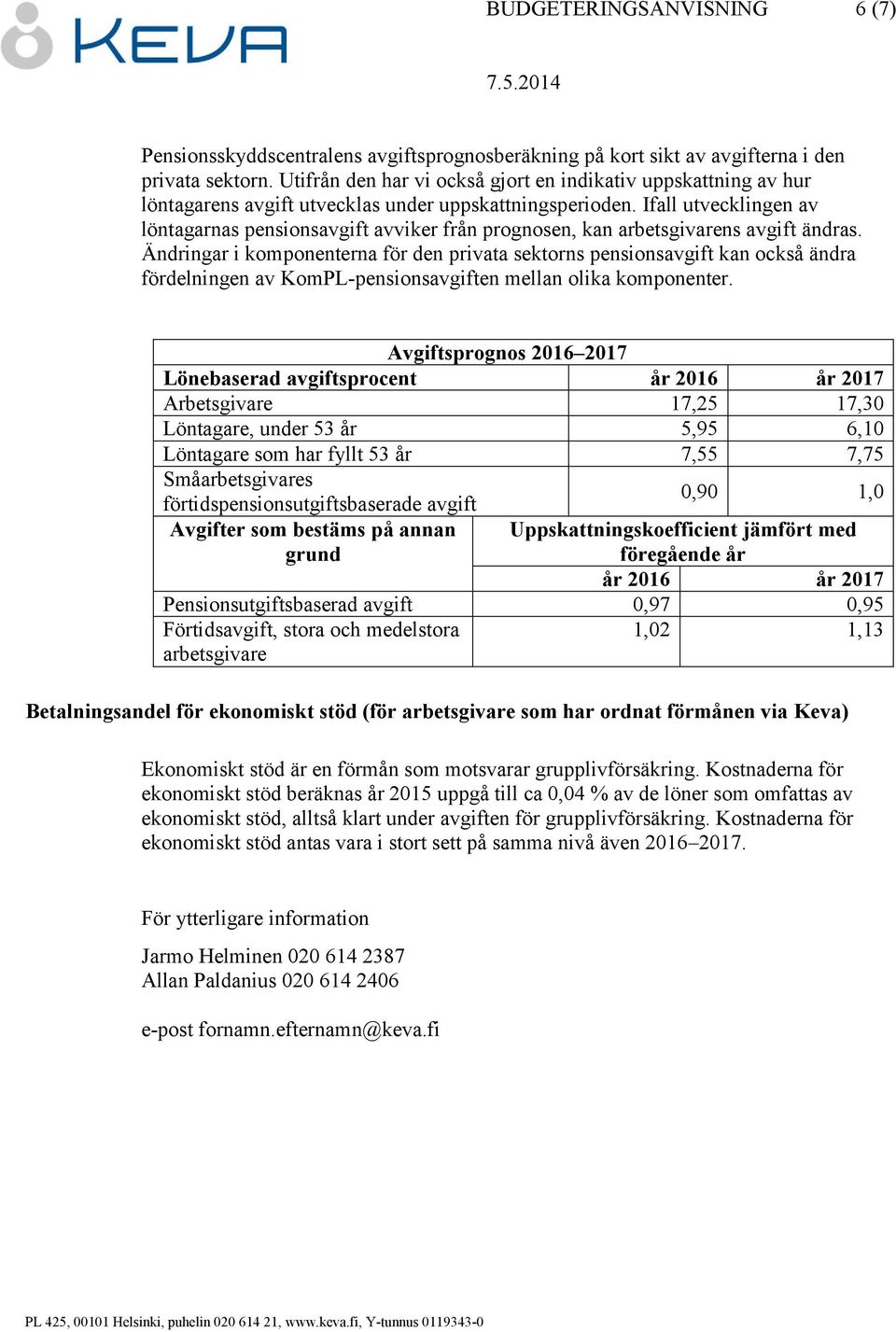 Ifall utvecklingen av löntagarnas pensionsavgift avviker från prognosen, kan arbetsgivarens avgift ändras.