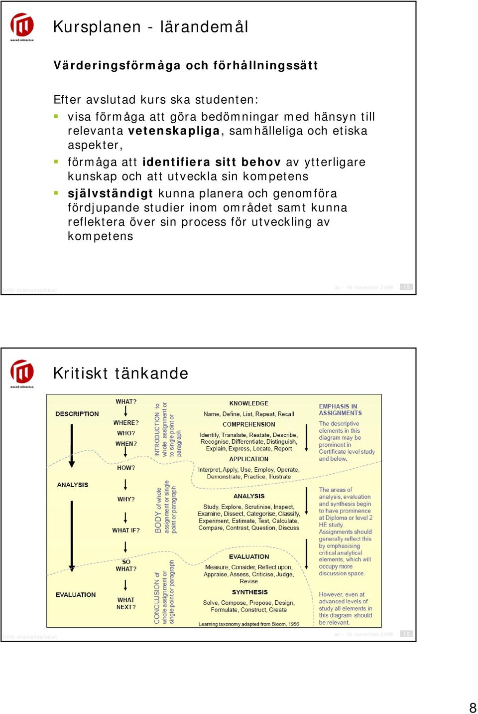 ytterligare kunskap och att utveckla sin kompetens självständigt kunna planera och genomföra fördjupande studier inom området