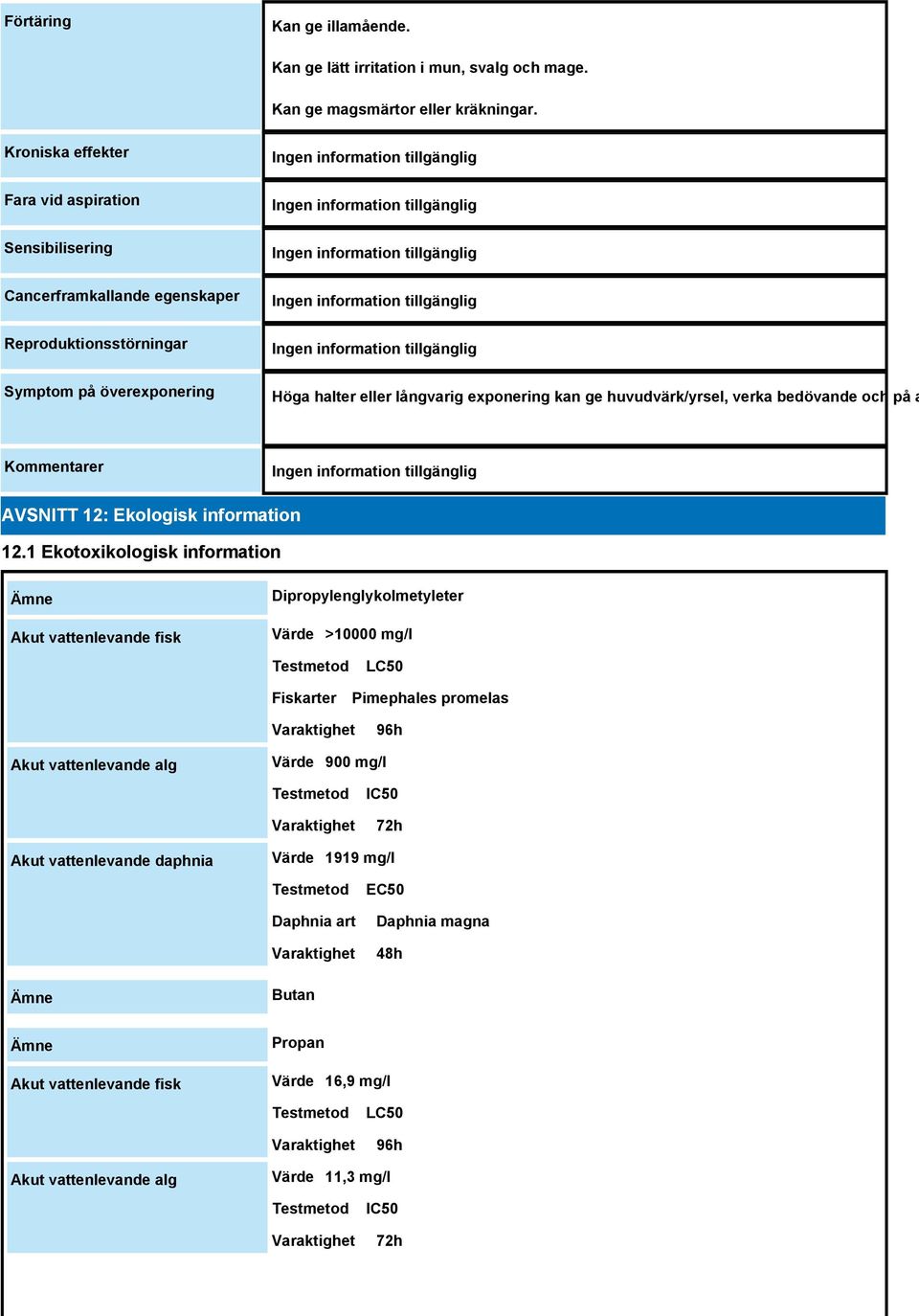 huvudvärk/yrsel, verka bedövande och på a Kommentarer AVSNITT 12: Ekologisk information 12.