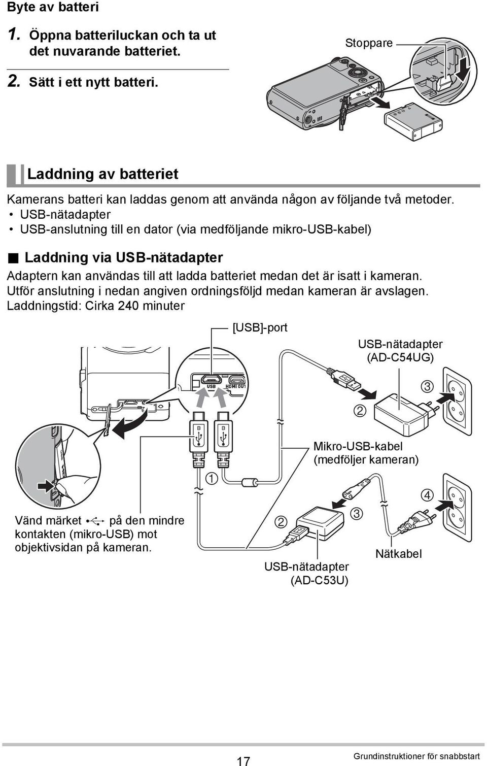 Laddning via USB-nätadapter Adaptern kan användas till att ladda batteriet medan det är isatt i kameran. Utför anslutning i nedan angiven ordningsföljd medan kameran är avslagen.