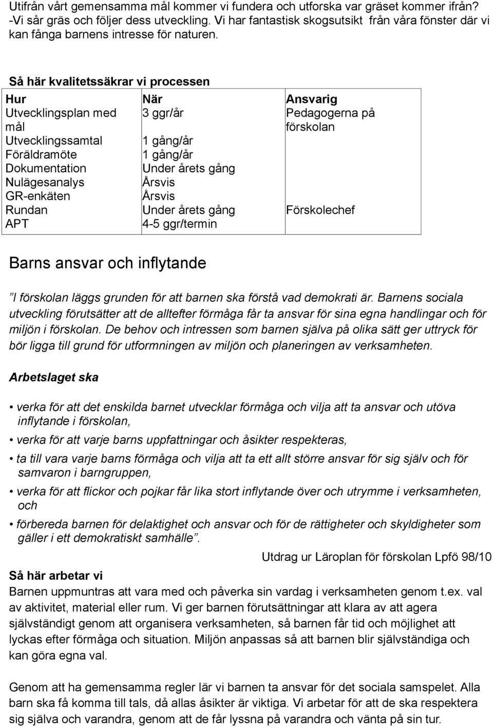 Så här kvalitetssäkrar vi processen Utvecklingsplan med mål Föräldramöte Nulägesanalys 3 ggr/år Barns ansvar och inflytande I läggs grunden för att barnen ska förstå vad demokrati är.