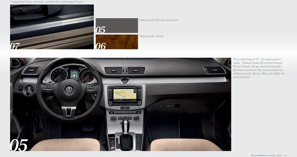 läder/alcantara Nature Brown/Desert Beige med dekorpanel i borstad aluminium för