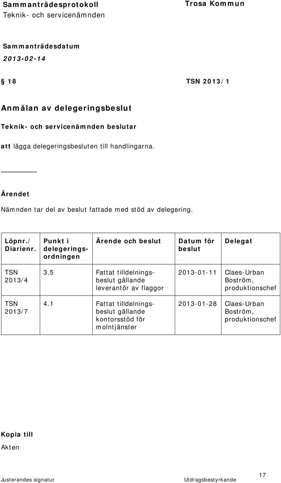 Punkt i delegeringsordningen Ärende och beslut Datum för beslut Delegat TSN 2013/4 TSN 2013/7 3.