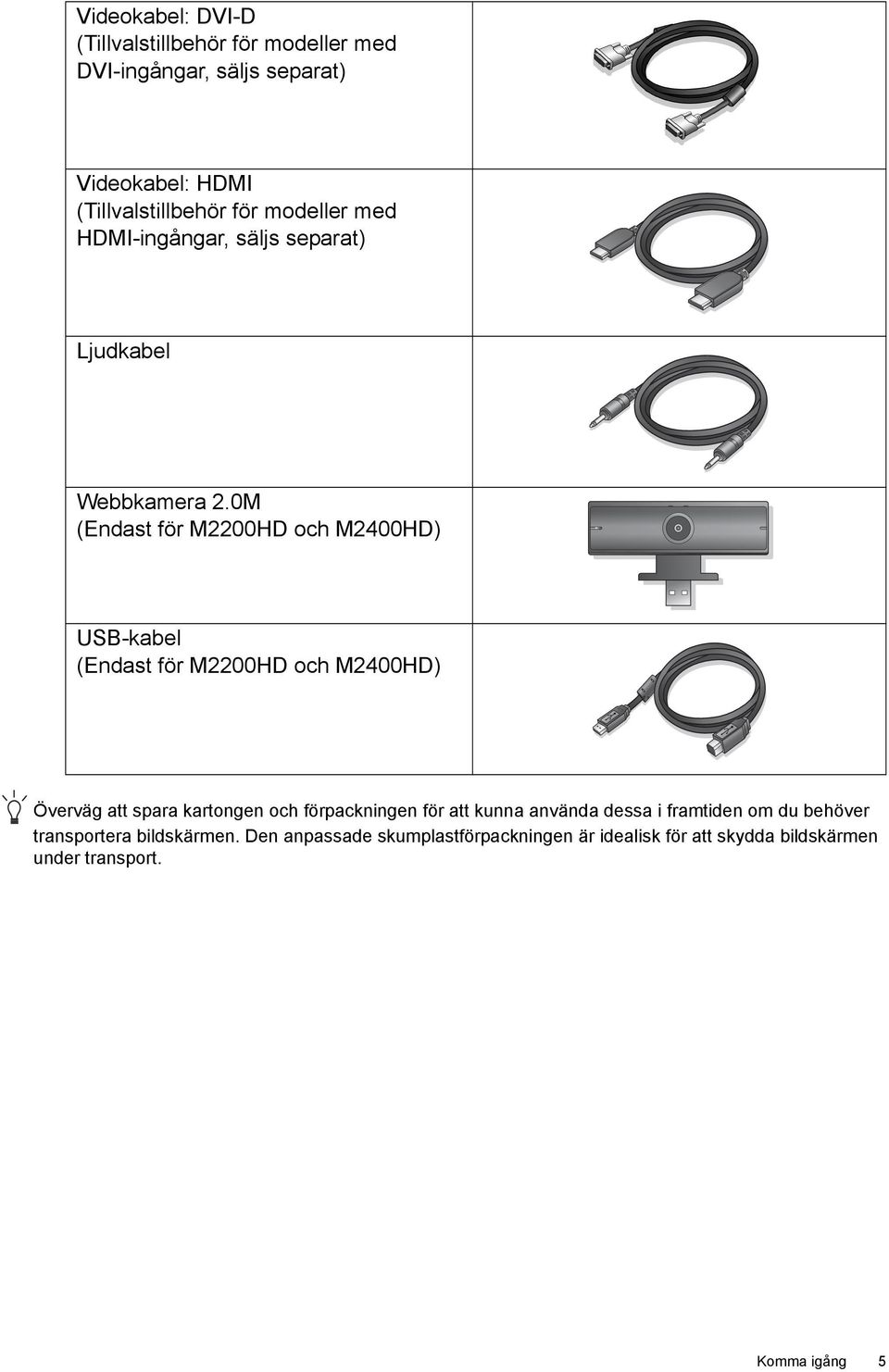 0M (Endast för M2200HD och M2400HD) USB-kabel (Endast för M2200HD och M2400HD) Överväg att spara kartongen och förpackningen