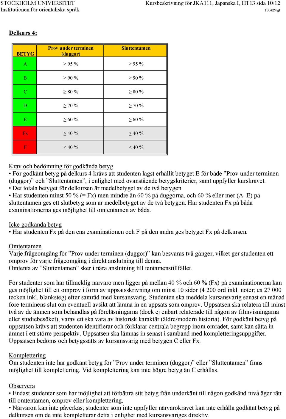 enlighet med ovanstående betygskriterier, samt uppfyller kurskravet. Det totala betyget för delkursen är medelbetyget av de två betygen.