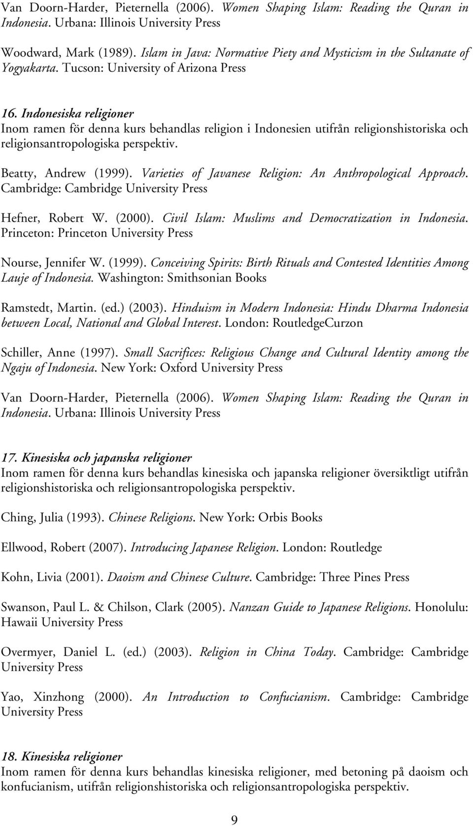 Indonesiska religioner Inom ramen för denna kurs behandlas religion i Indonesien utifrån religionshistoriska och religionsantropologiska perspektiv. Beatty, Andrew (1999).