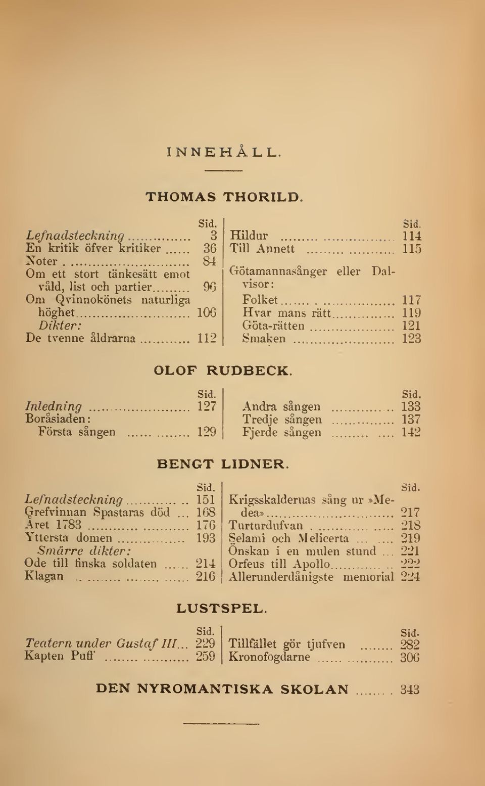 Hildur 114 Till Annett 115 Götamannasånger eller Dalvisor : Folket 117 Hvar mans rätt 119 Göta-rätten 121 Smaken 123 OLOF RUDBECK. Sid. Inledning 127 Boräsiaden Första sången 129 Sid.