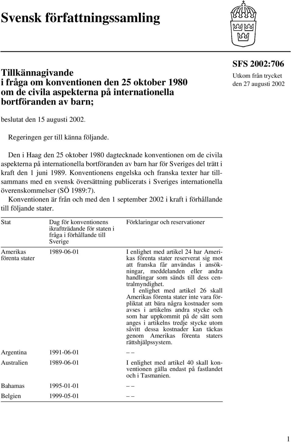 Den i Haag den 25 oktober 1980 dagtecknade konventionen om de civila aspekterna på internationella bortföranden av barn har för s del trätt i kraft den 1 juni 1989.