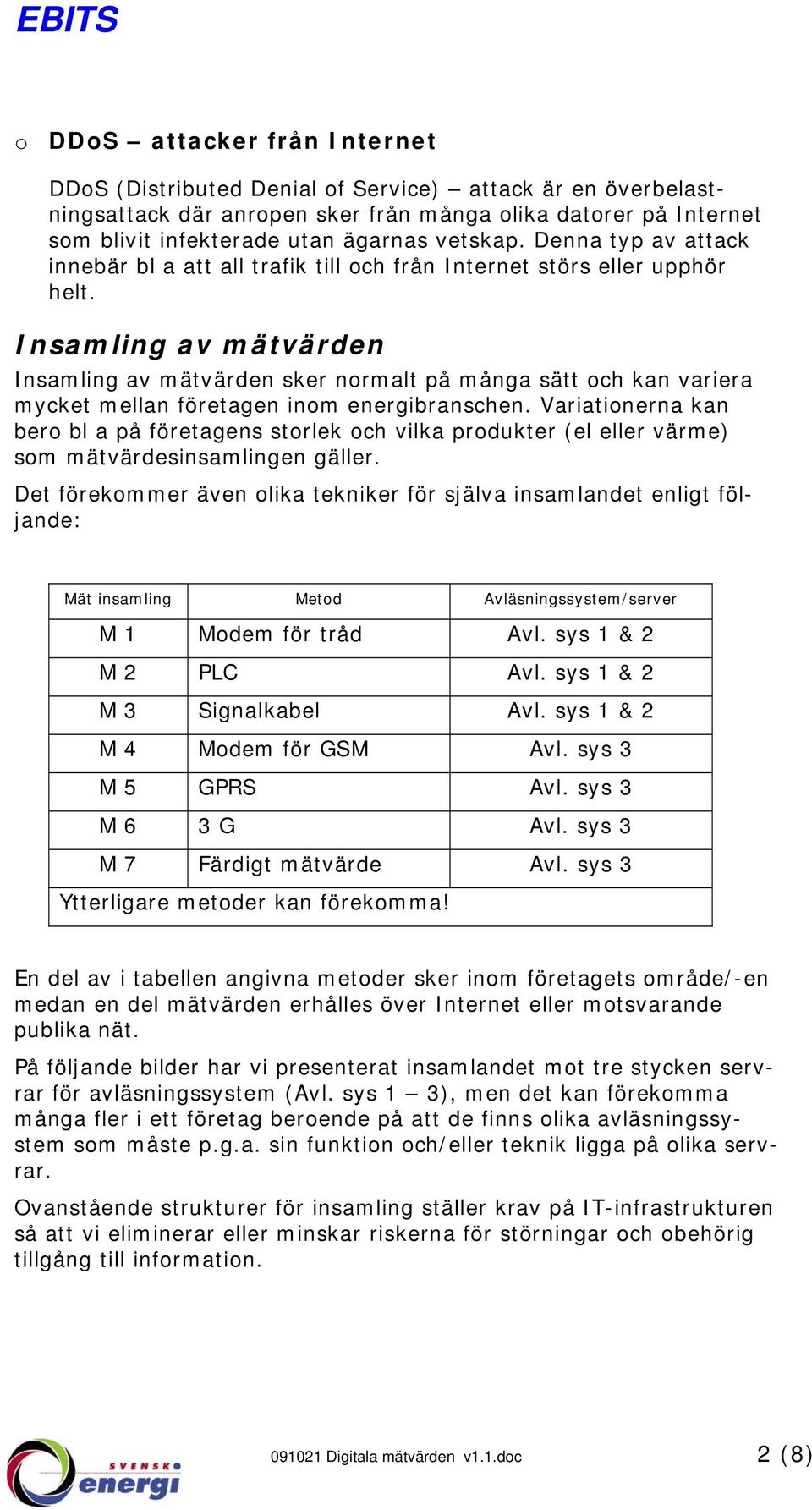 Insamling av mätvärden Insamling av mätvärden sker normalt på många sätt och kan variera mycket mellan företagen inom energibranschen.