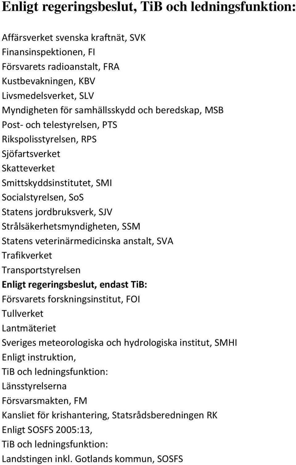 Strålsäkerhetsmyndigheten, SSM Statens veterinärmedicinska anstalt, SVA Trafikverket Transportstyrelsen Enligt regeringsbeslut, endast TiB: Försvarets forskningsinstitut, FOI Tullverket Lantmäteriet