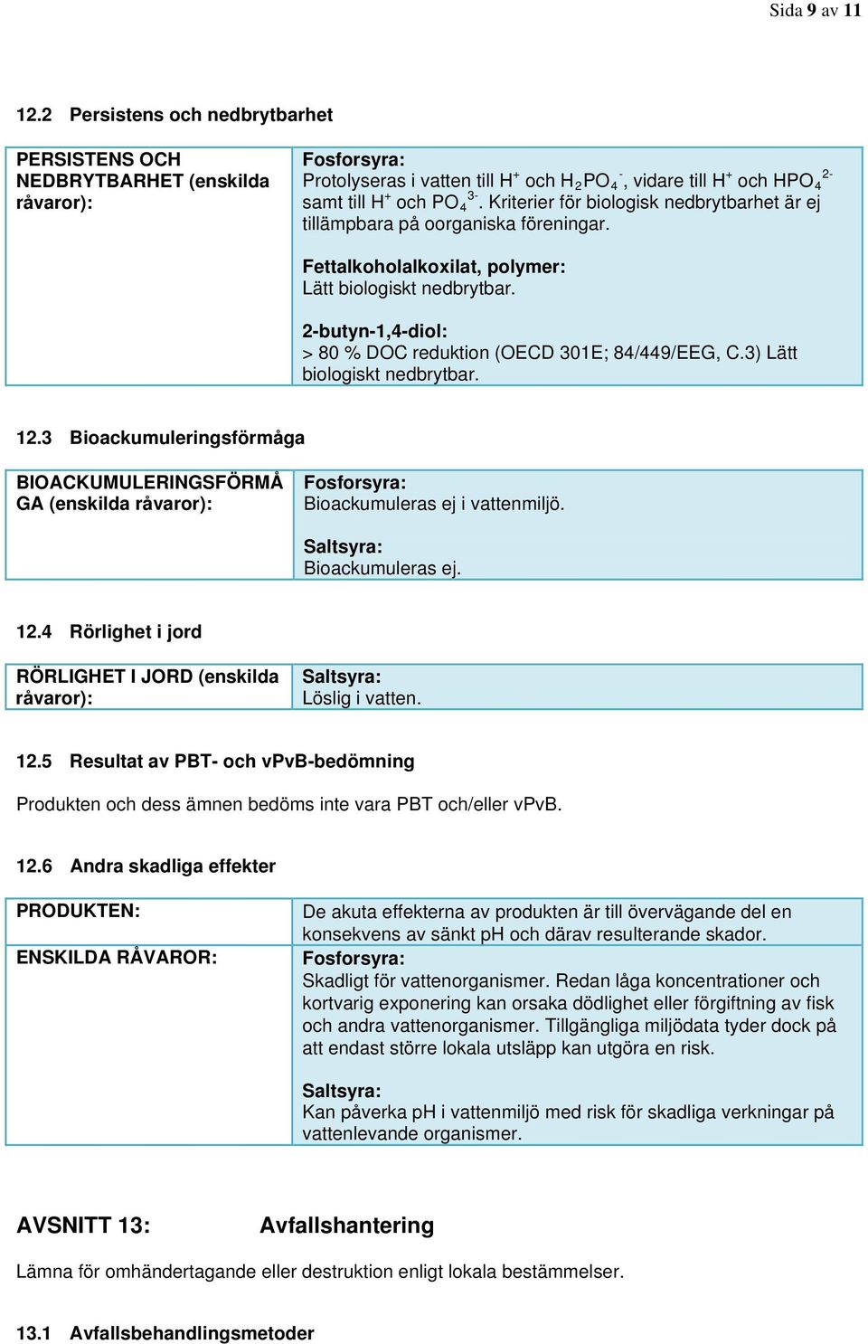 Kriterier för biologisk nedbrytbarhet är ej tillämpbara på oorganiska föreningar. Fettalkoholalkoxilat, polymer: Lätt biologiskt nedbrytbar.