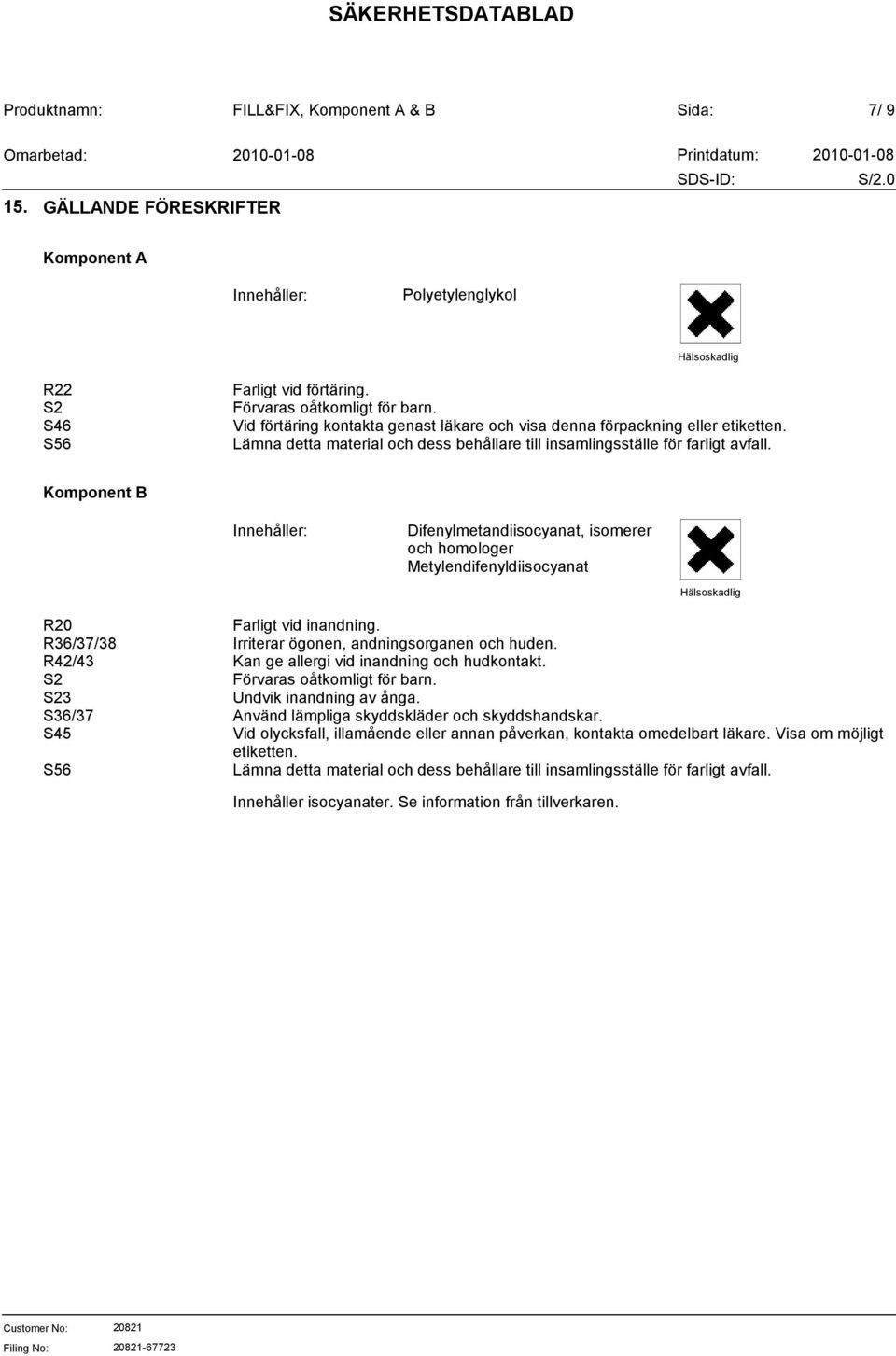 Innehåller: Difenylmetandiisocyanat, isomerer och homologer Metylendifenyldiisocyanat Hälsoskadlig R20 R36/37/38 R42/43 S2 S23 S36/37 S45 S56 Farligt vid inandning.