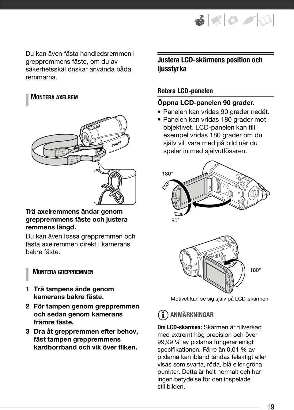 LCD-panelen kan till exempel vridas 180 grader om du själv vill vara med på bild när du spelar in med självutlösaren. 180 Trä axelremmens ändar genom greppremmens fäste och justera remmens längd.