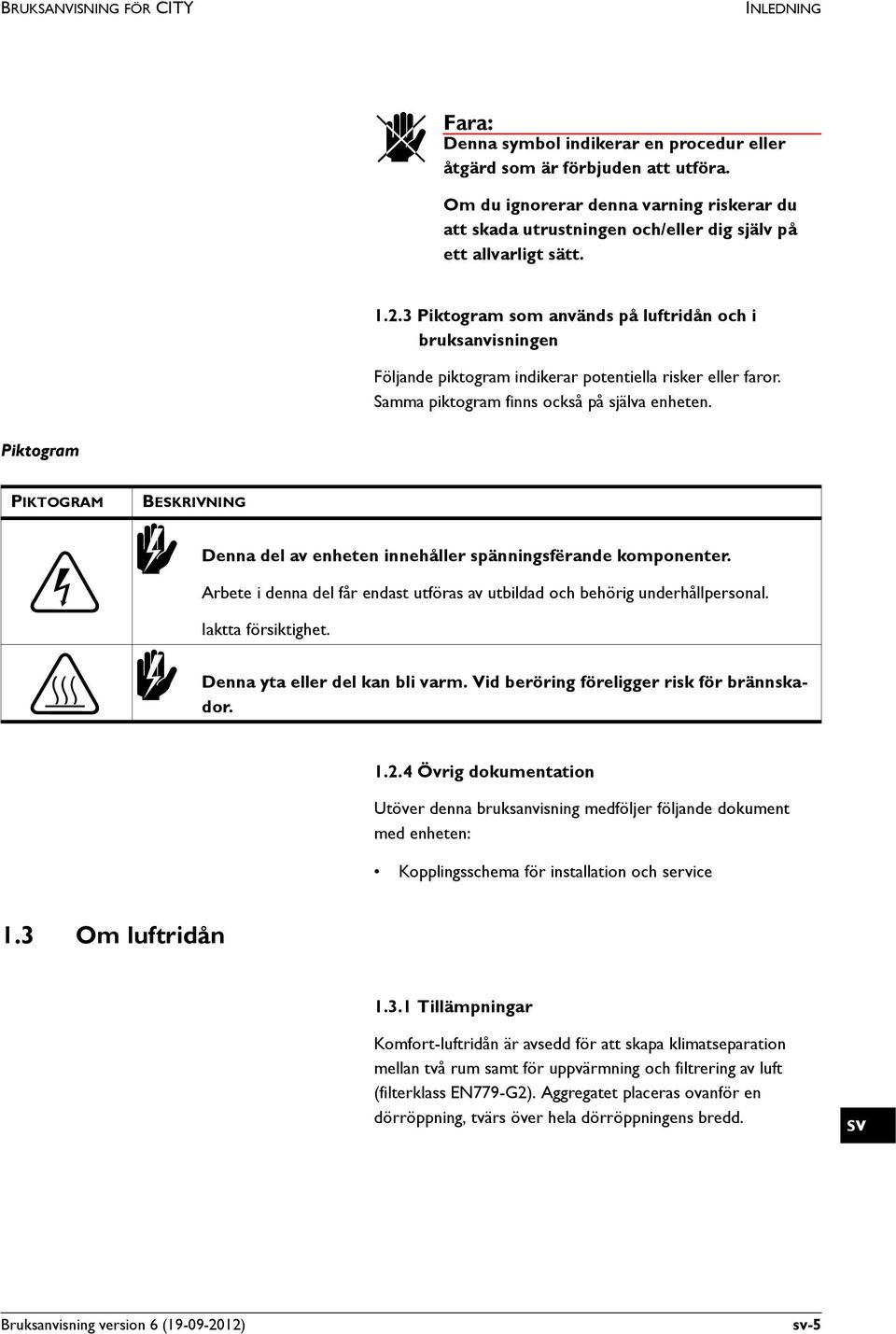 3 Piktogram som används på luftridån och i bruksanvisningen Följande piktogram indikerar potentiella risker eller faror. Samma piktogram finns också på själva enheten.