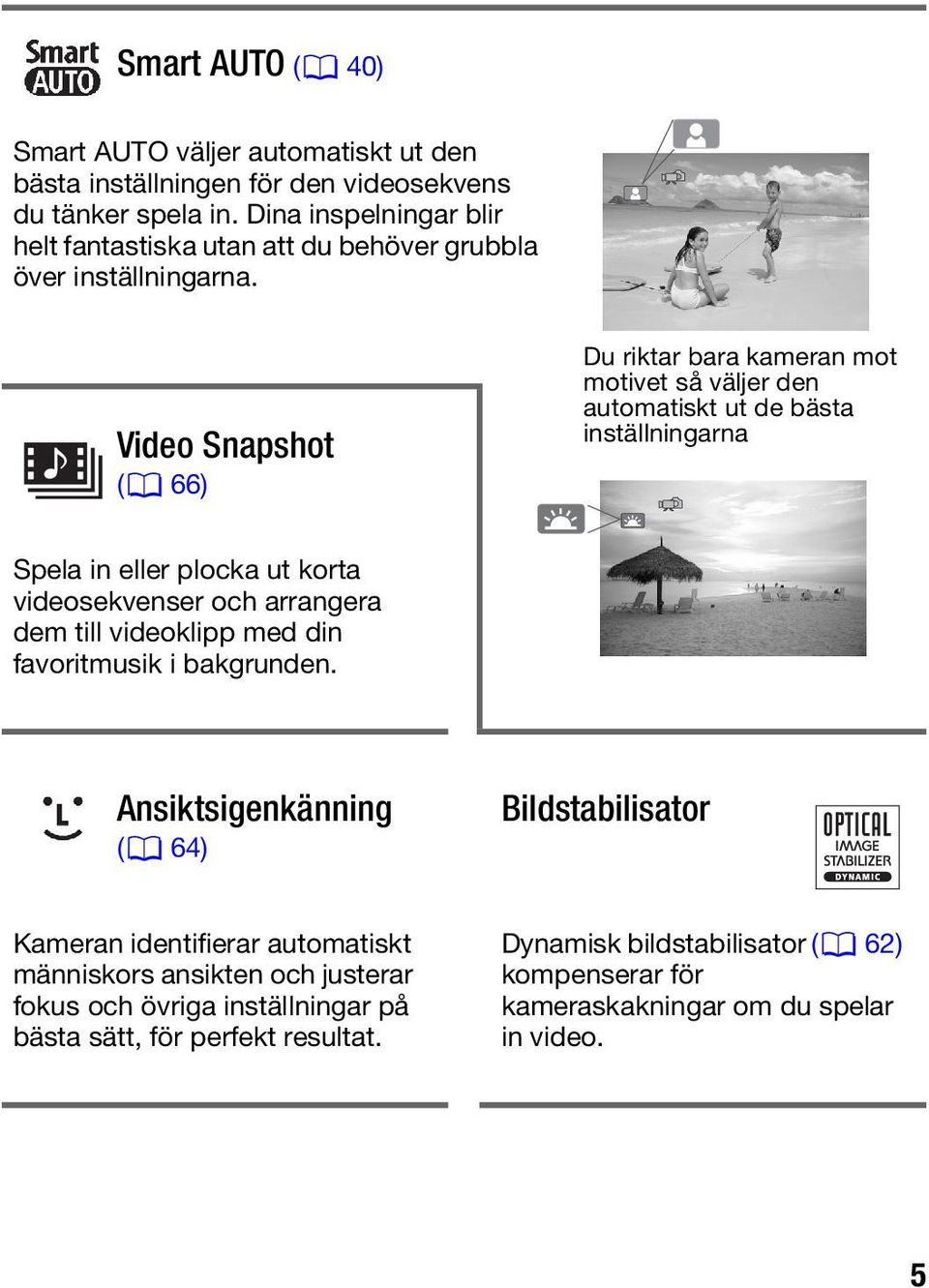 Video Snapshot (0 66) Du riktar bara kameran mot motivet så väljer den automatiskt ut de bästa inställningarna Spela in eller plocka ut korta videosekvenser och arrangera dem