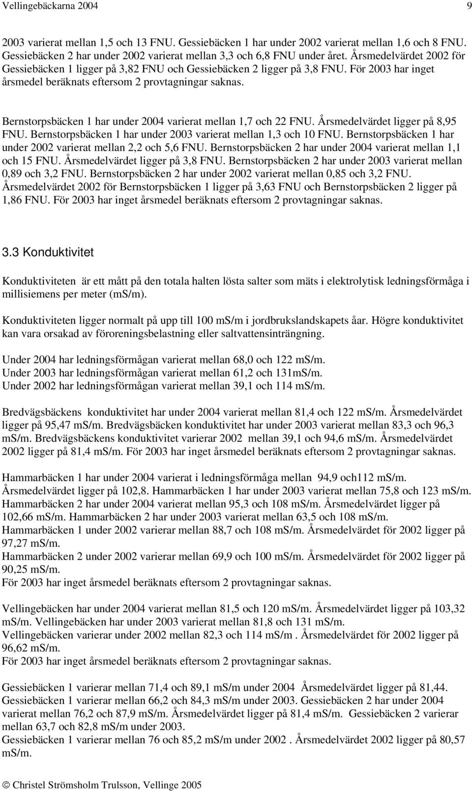 Bernstorpsbäcken 1 har under 2004 varierat mellan 1,7 och 22 FNU. Årsmedelvärdet ligger på 8,95 FNU. Bernstorpsbäcken 1 har under 2003 varierat mellan 1,3 och 10 FNU.