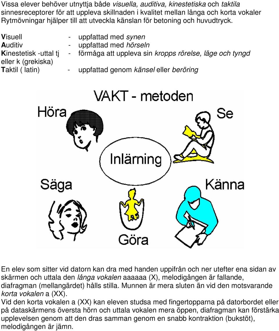 Visuell - uppfattad med synen Auditiv - uppfattad med hörseln Kinestetisk -uttal tj - förmåga att uppleva sin kropps rörelse, läge och tyngd eller k (grekiska) Taktil ( latin) - uppfattad genom