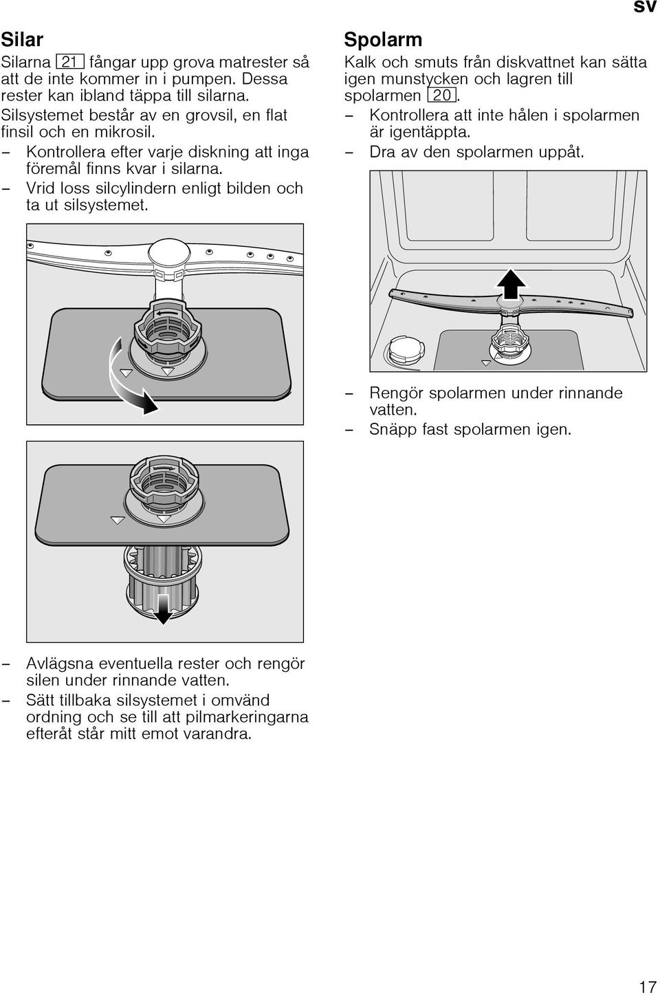 Vrid loss silcylindern enligt bilden och ta ut silsystemet. sv Spolarm Kalk och smuts från diskvattnet kan sätta igen munstycken och lagren till spolarmen 1".