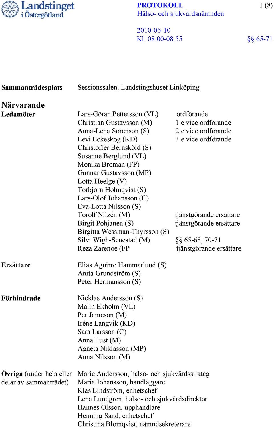Johansson (C) Eva-Lotta Nilsson (S) Torolf Nilzén (M) tjänstgörande ersättare Birgit Pohjanen (S) tjänstgörande ersättare Birgitta Wessman-Thyrsson (S) Silvi Wigh-Senestad (M) 65-68, 70-71 Reza