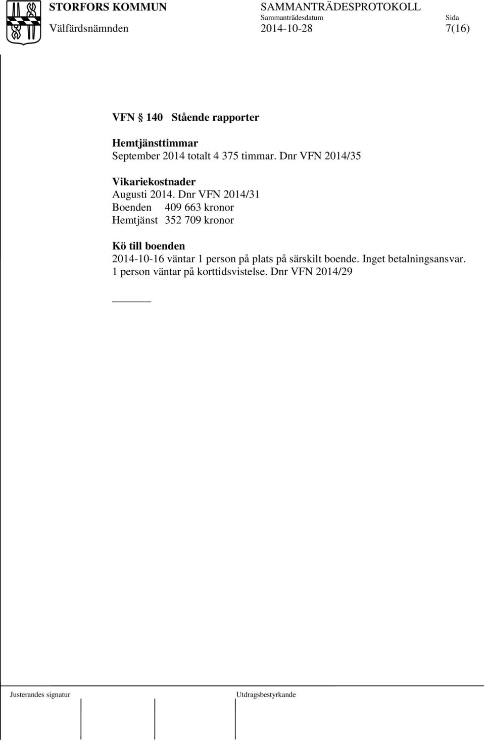 Dnr VFN 2014/31 Boenden 409 663 kronor Hemtjänst 352 709 kronor Kö till boenden