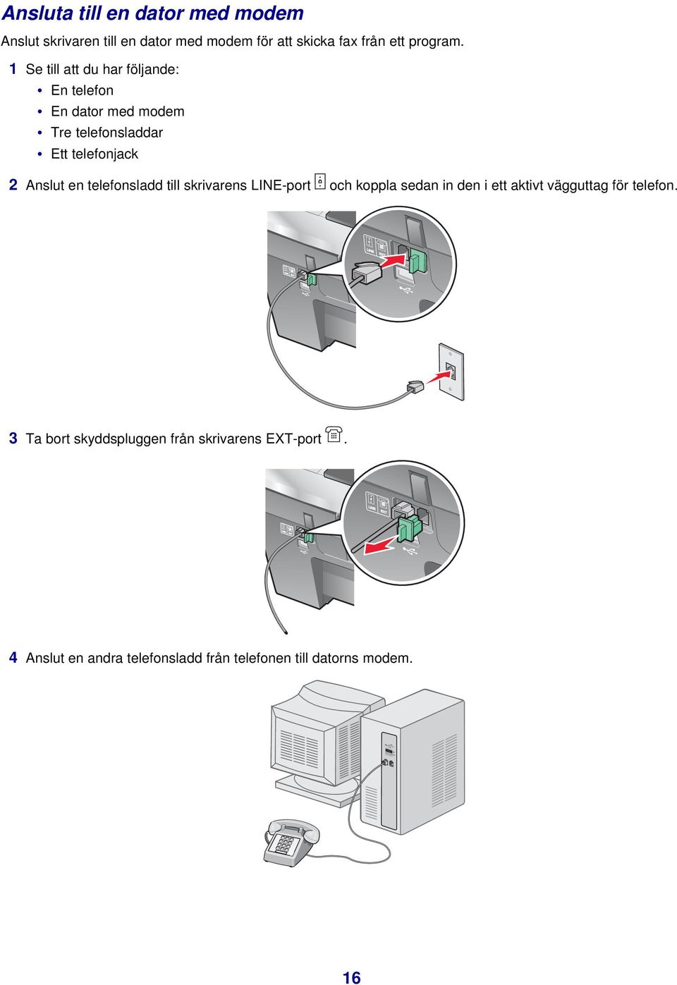 1 Se till att du har följande: En telefon En dator med modem Tre telefonsladdar Ett telefonjack 2 Anslut en