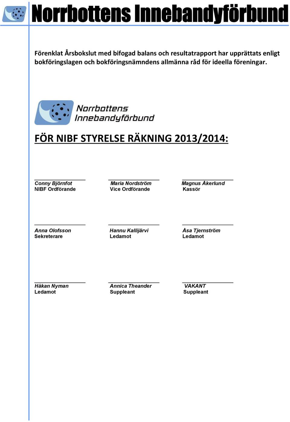 FÖR NIBF STYRELSE RÄKNING 2013/2014: Conny Björnfot Maria Nordström Magnus Åkerlund NIBF Ordförande Vice