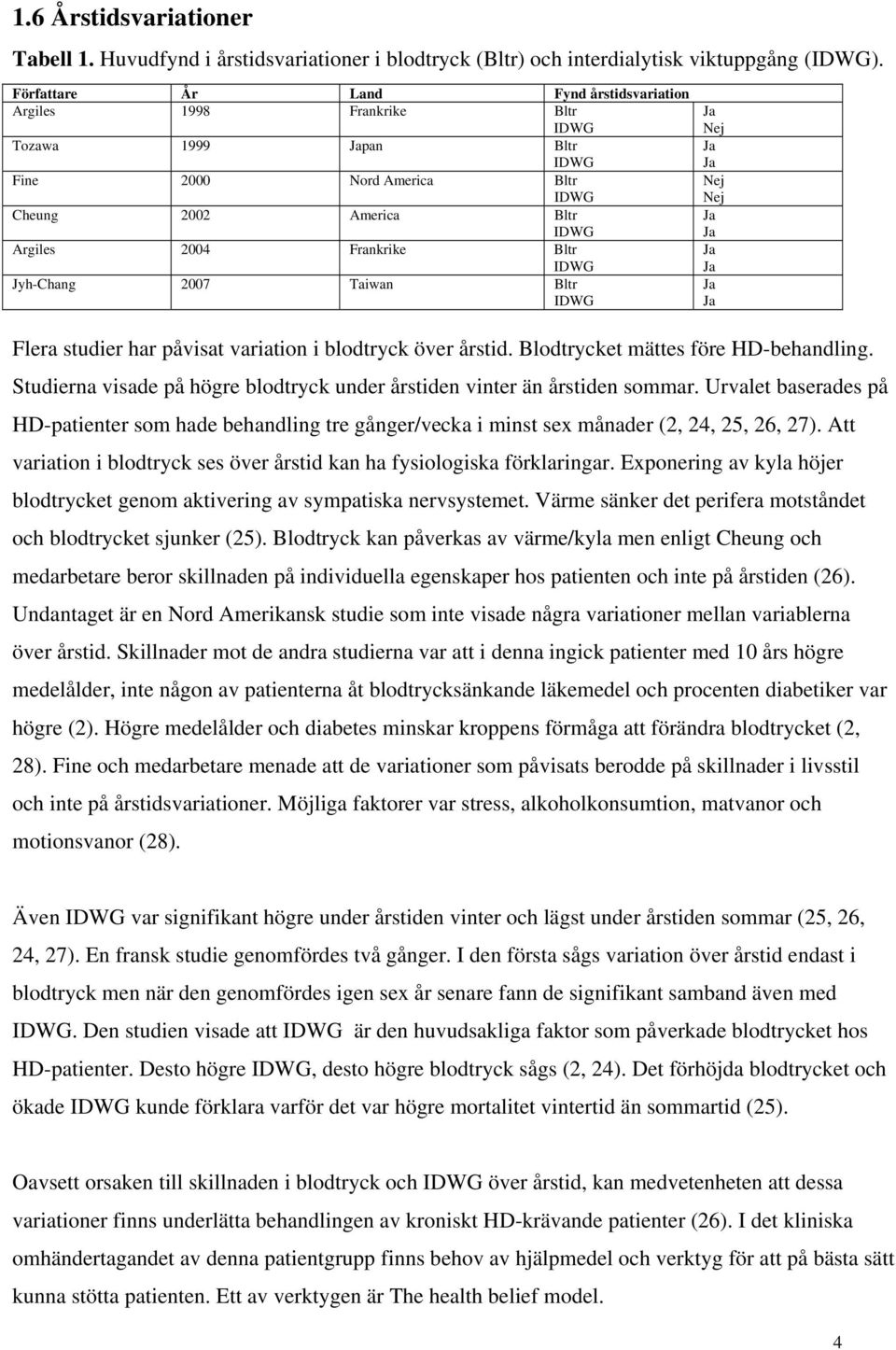 Jyh-Chang 2007 Taiwan Bltr IDWG Ja Nej Ja Ja Nej Nej Ja Ja Ja Ja Ja Ja Flera studier har påvisat variation i blodtryck över årstid. Blodtrycket mättes före HD-behandling.