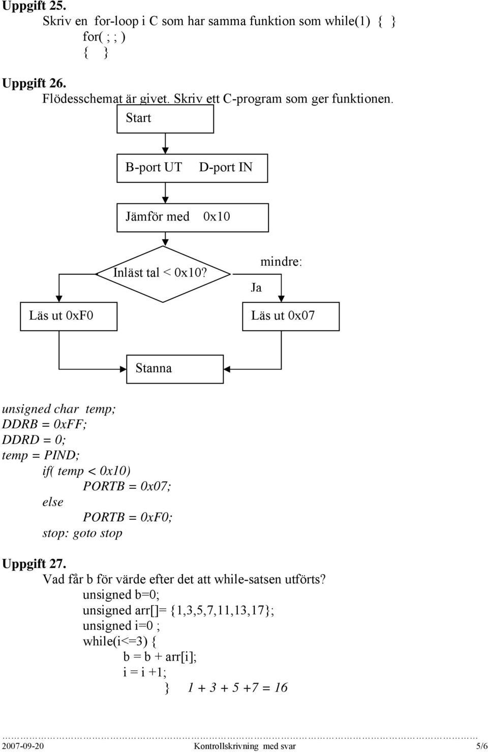 Ja mindre: Läs ut 0xF0 Läs ut 0x07 Stanna unsigned char temp; DDRB = 0xFF; DDRD = 0; temp = PIND; if( temp < 0x10) PORTB = 0x07; else PORTB = 0xF0; stop: