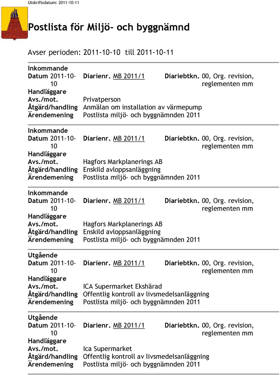 Hagfors Markplanerings AB Åtgärd/handling Enskild avloppsanläggning Ärendemening Postlista miljö- och byggnämnden 20 Datum 20-- Diarienr. MB 20/1 Avs./mot.