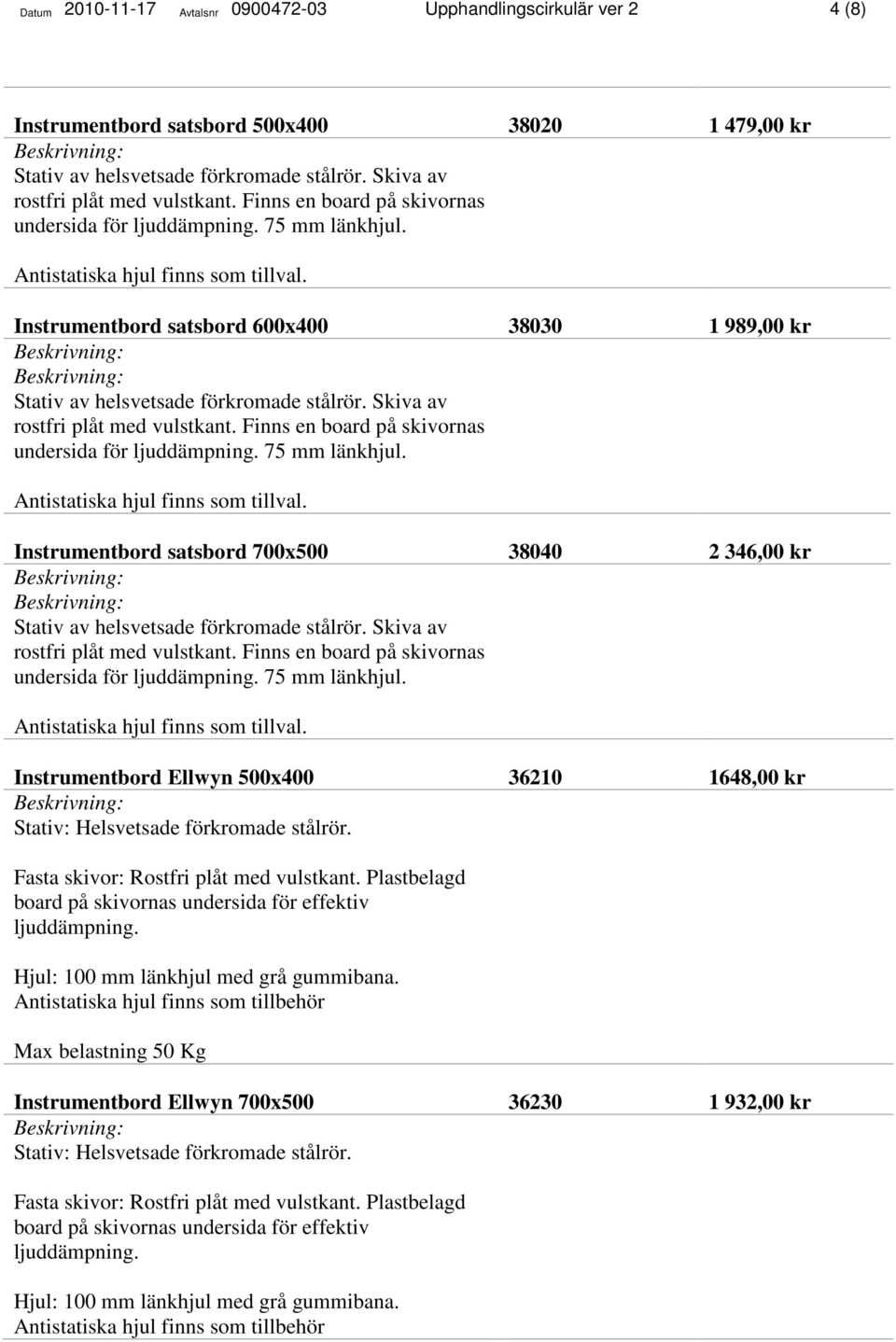 Skiva av rostfri plåt med vulstkant. Finns en board på skivornas undersida för 75 mm länkhjul. Antistatiska hjul finns som tillval.