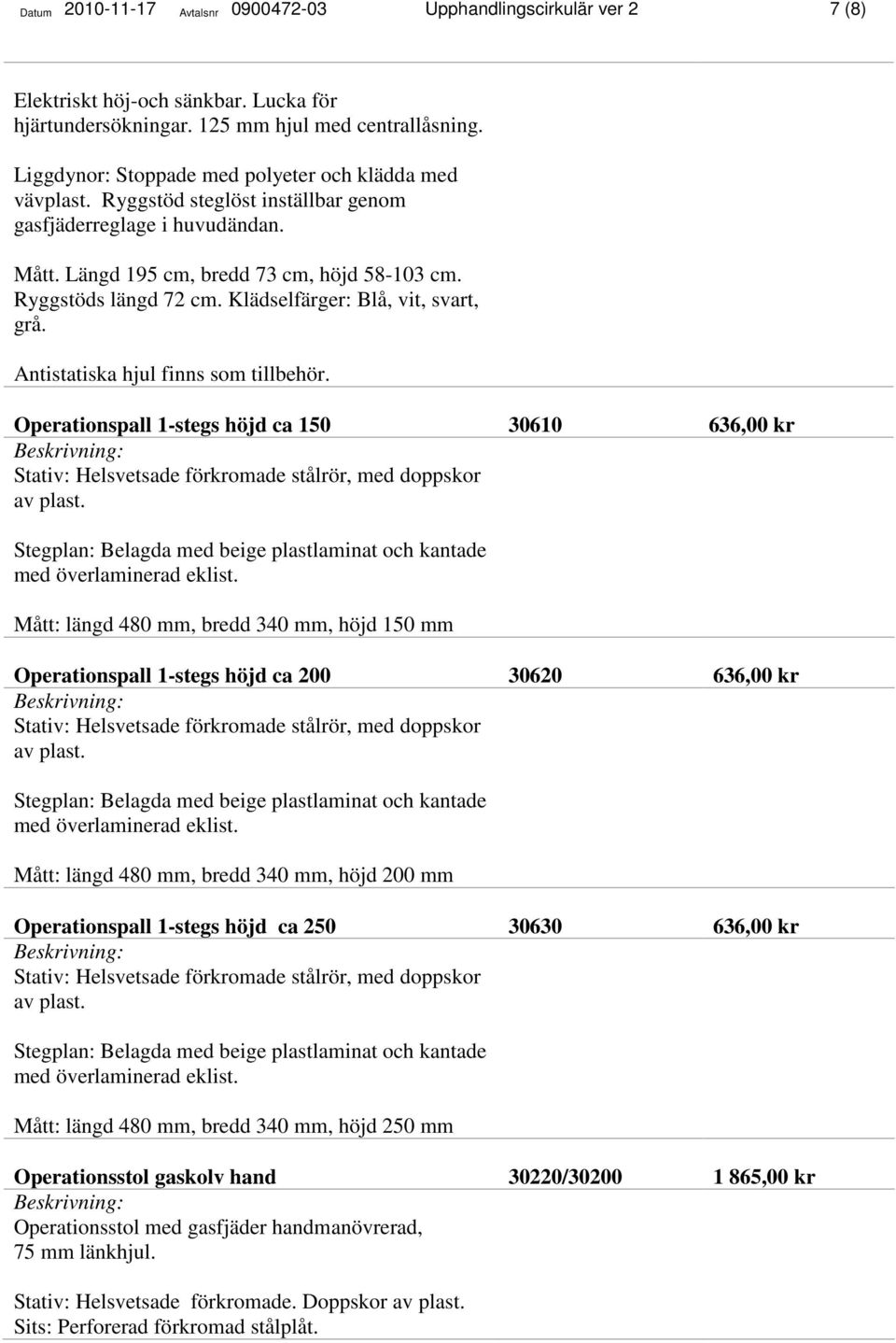 Klädselfärger: Blå, vit, svart, grå.. Operationspall 1-stegs höjd ca 150 30610 636,00 kr Stativ: Helsvetsade förkromade stålrör, med doppskor av plast.