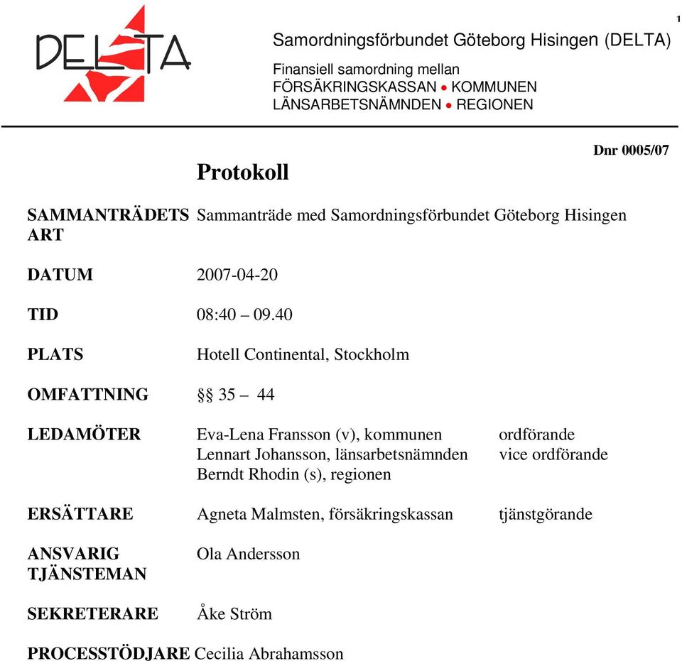 40 PLATS Hotell Continental, Stockholm OMFATTNING 35 44 LEDAMÖTER Eva-Lena Fransson (v), kommunen ordförande Lennart Johansson, länsarbetsnämnden