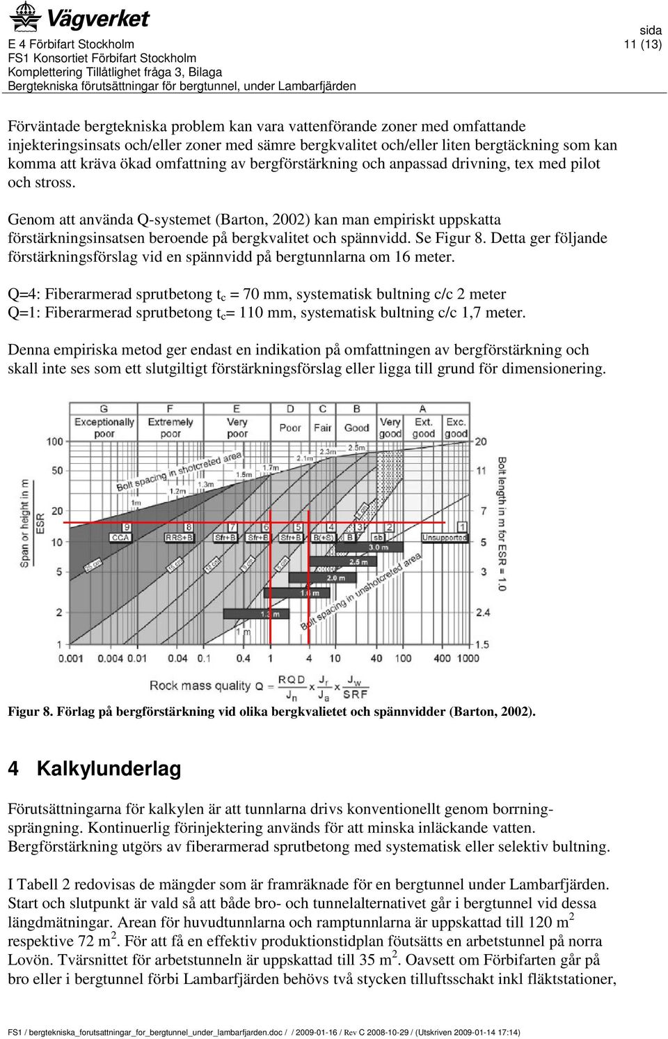 Genom att använda Q-systemet (Barton, 2002) kan man empiriskt uppskatta förstärkningsinsatsen beroende på bergkvalitet och spännvidd. Se Figur 8.