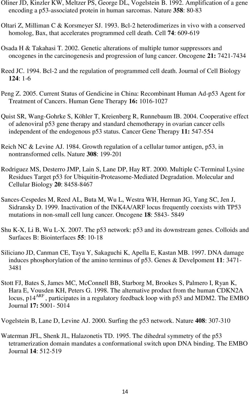 Genetic alterations of multiple tumor suppressors and oncogenes in the carcinogenesis and progression of lung cancer. Oncogene 21: 7421-7434 Reed JC. 1994.
