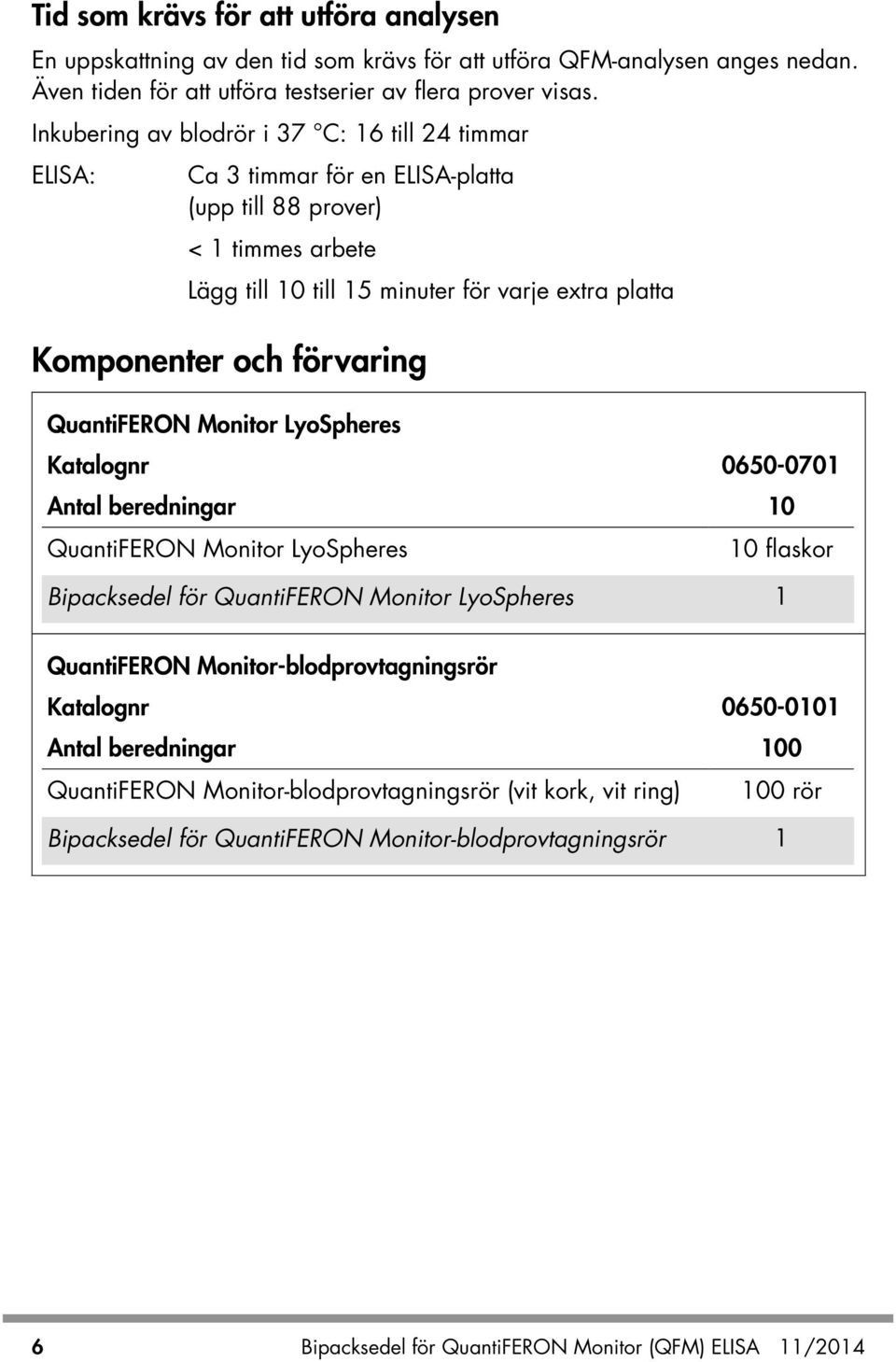 förvaring QuantiFERON Monitor LyoSpheres Katalognr 0650-0701 Antal beredningar 10 QuantiFERON Monitor LyoSpheres 10 flaskor Bipacksedel för QuantiFERON Monitor LyoSpheres 1 QuantiFERON