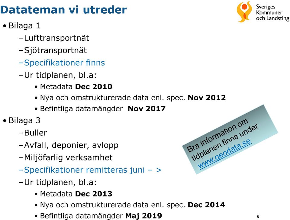 Nov 2012 Befintliga datamängder Nov 2017 Bilaga 3 Buller Avfall, deponier, avlopp Miljöfarlig verksamhet