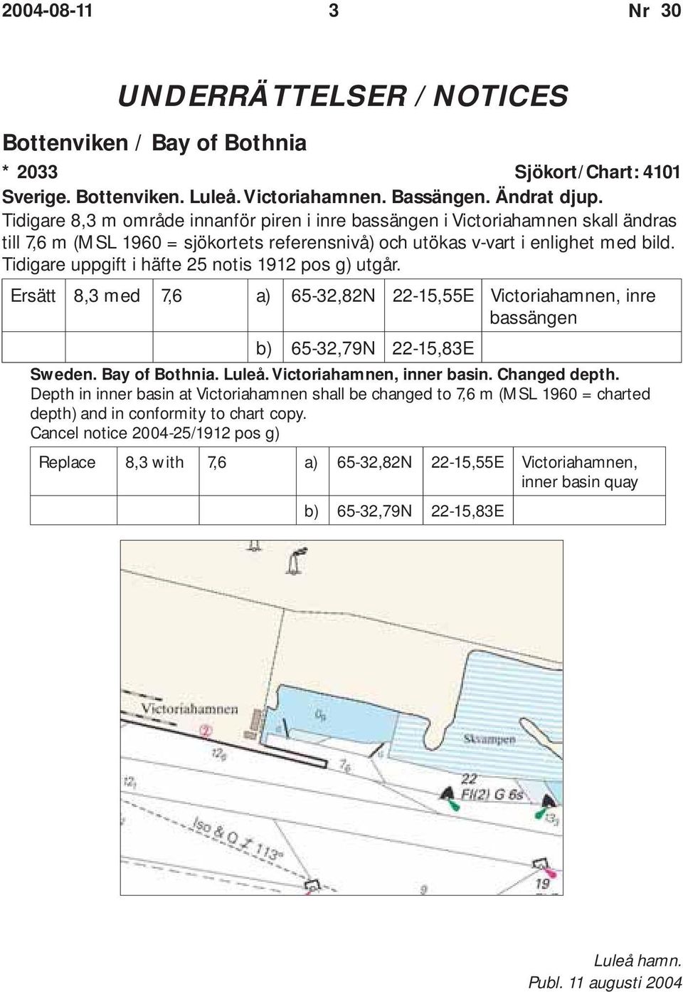 Tidigare uppgift i häfte 25 notis 1912 pos g) utgår. Ersätt 8,3 med 7,6 a) 65-32,82N 22-15,55E Victoriahamnen, inre bassängen b) 65-32,79N 22-15,83E Sweden. Bay of Bothnia. Luleå.