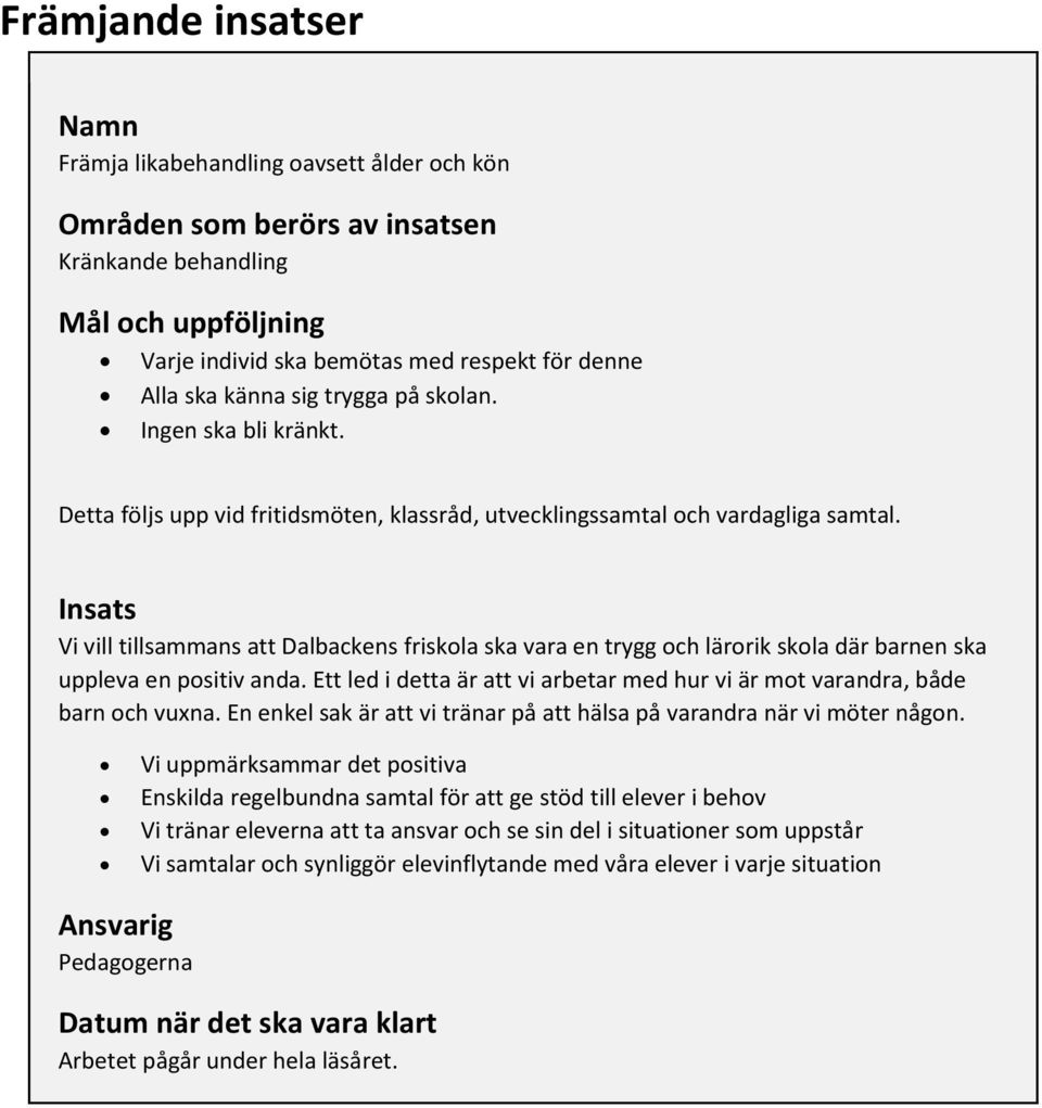 Insats Vi vill tillsammans att Dalbackens friskola ska vara en trygg och lärorik skola där barnen ska uppleva en positiv anda.