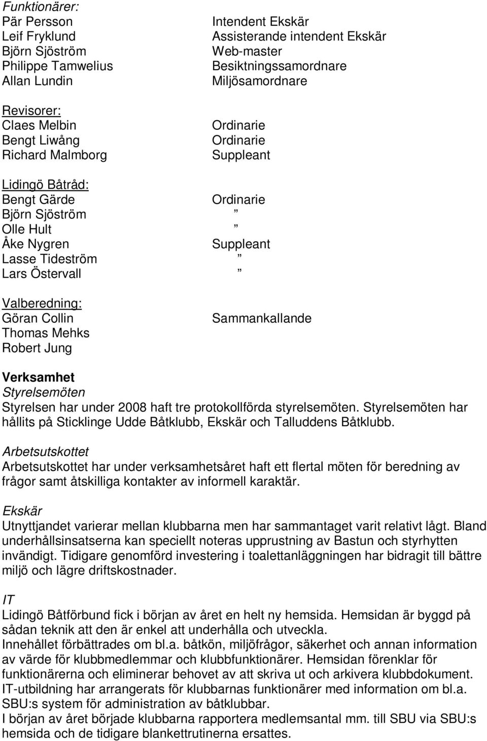 Göran Collin Thomas Mehks Robert Jung Sammankallande Verksamhet Styrelsemöten Styrelsen har under 2008 haft tre protokollförda styrelsemöten.