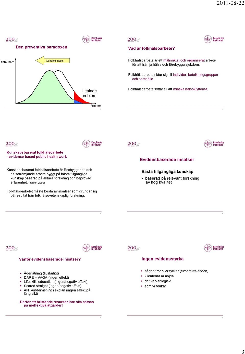 Problem 13 14 Kunskapsbaserat folkhälsoarbete - evidence based public health work Kunskapsbaserat folkhälsoarbete är förebyggande och hälsofrämjande arbete byggt på bästa tillgängliga kunskap baserad