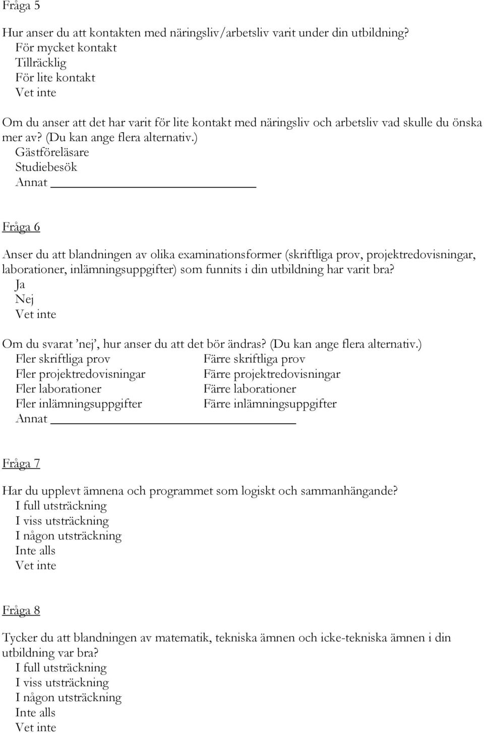 ) Gästföreläsare Studiebesök Annat Fråga 6 Anser du att blandningen av olika examinationsformer (skriftliga prov, projektredovisningar, laborationer, inlämningsuppgifter) som funnits i din utbildning