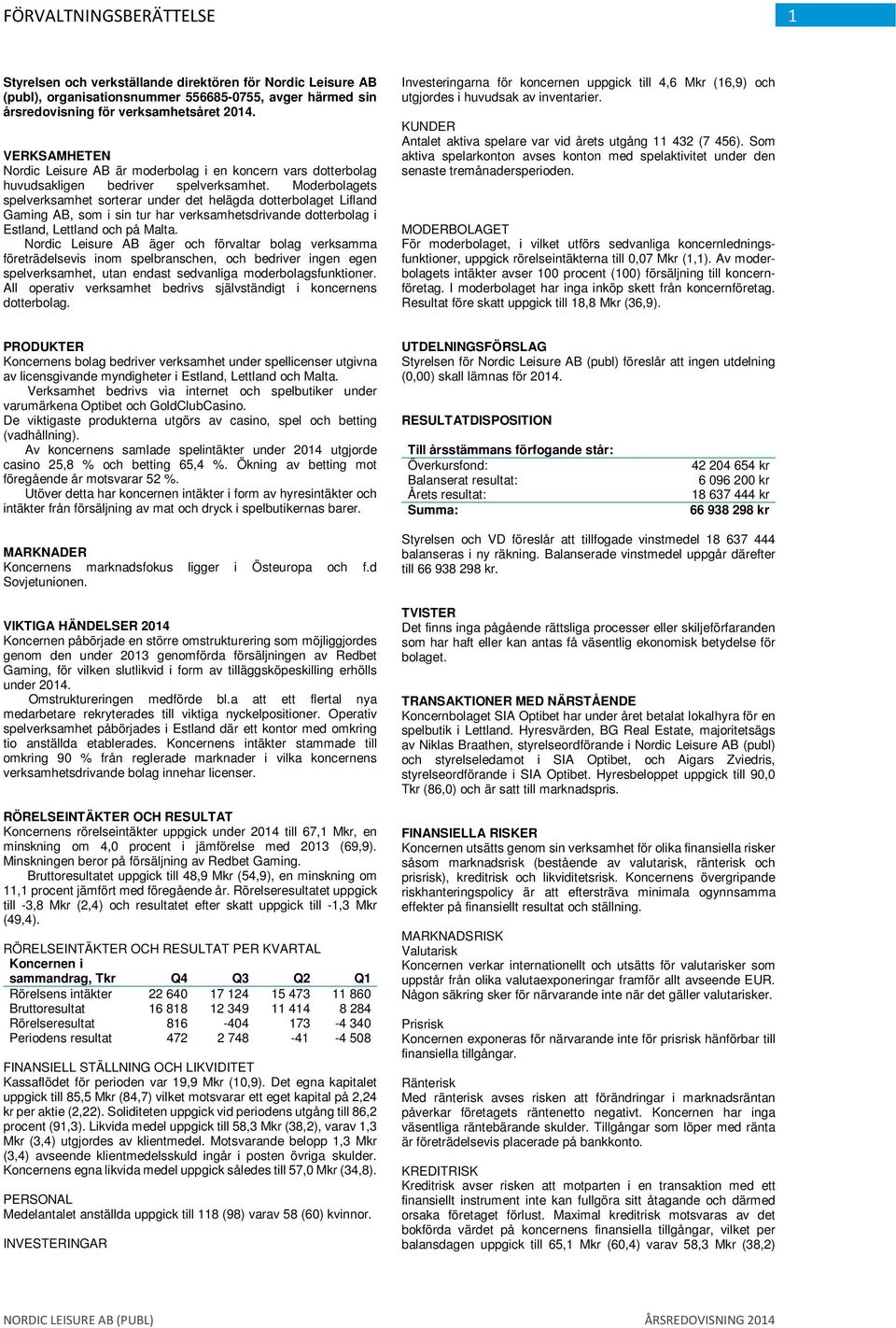 Moderbolagets spelverksamhet sorterar under det helägda dotterbolaget Lifland Gaming AB, som i sin tur har verksamhetsdrivande dotterbolag i Estland, Lettland och på Malta.