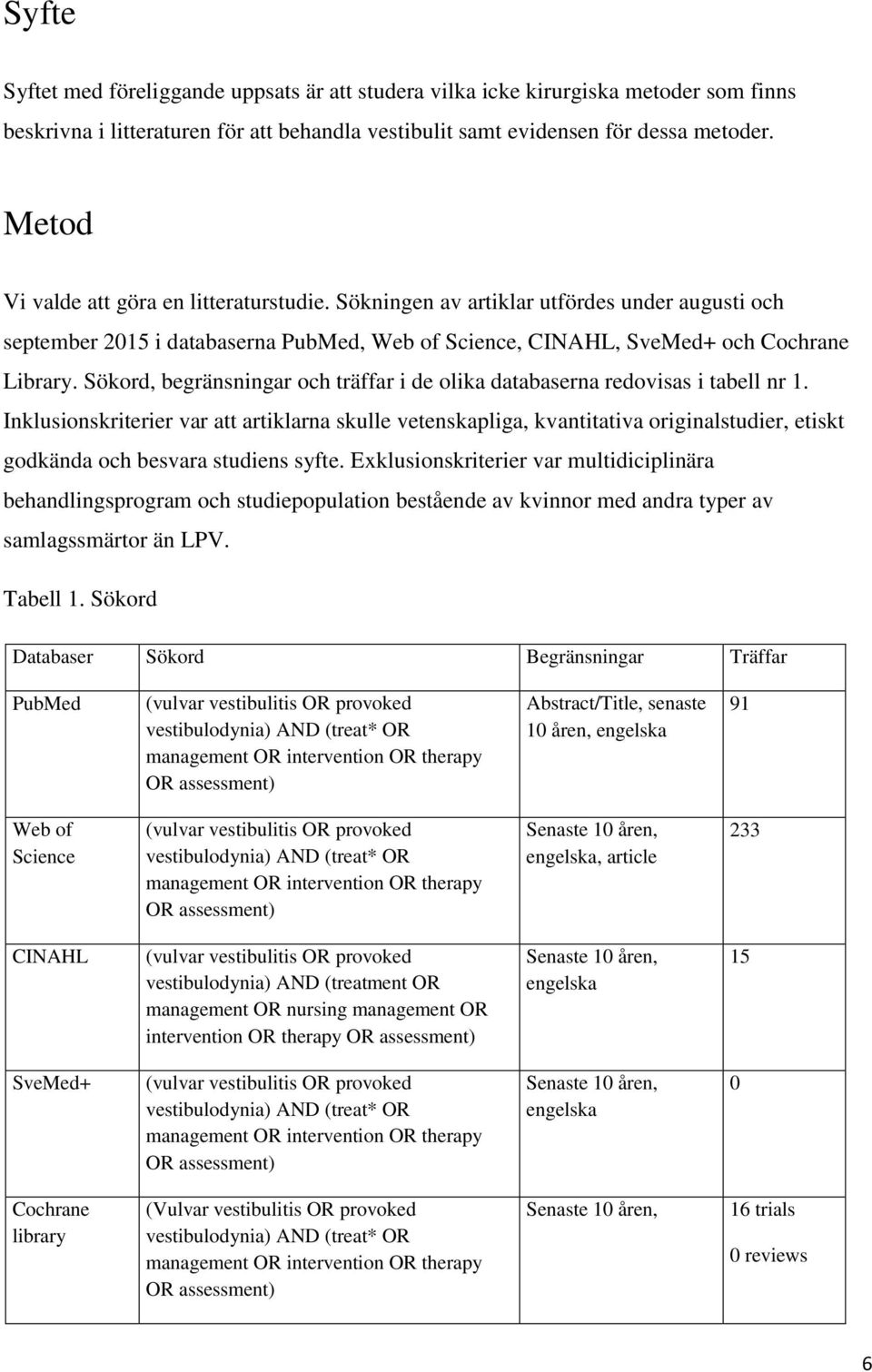 Sökord, begränsningar och träffar i de olika databaserna redovisas i tabell nr 1.