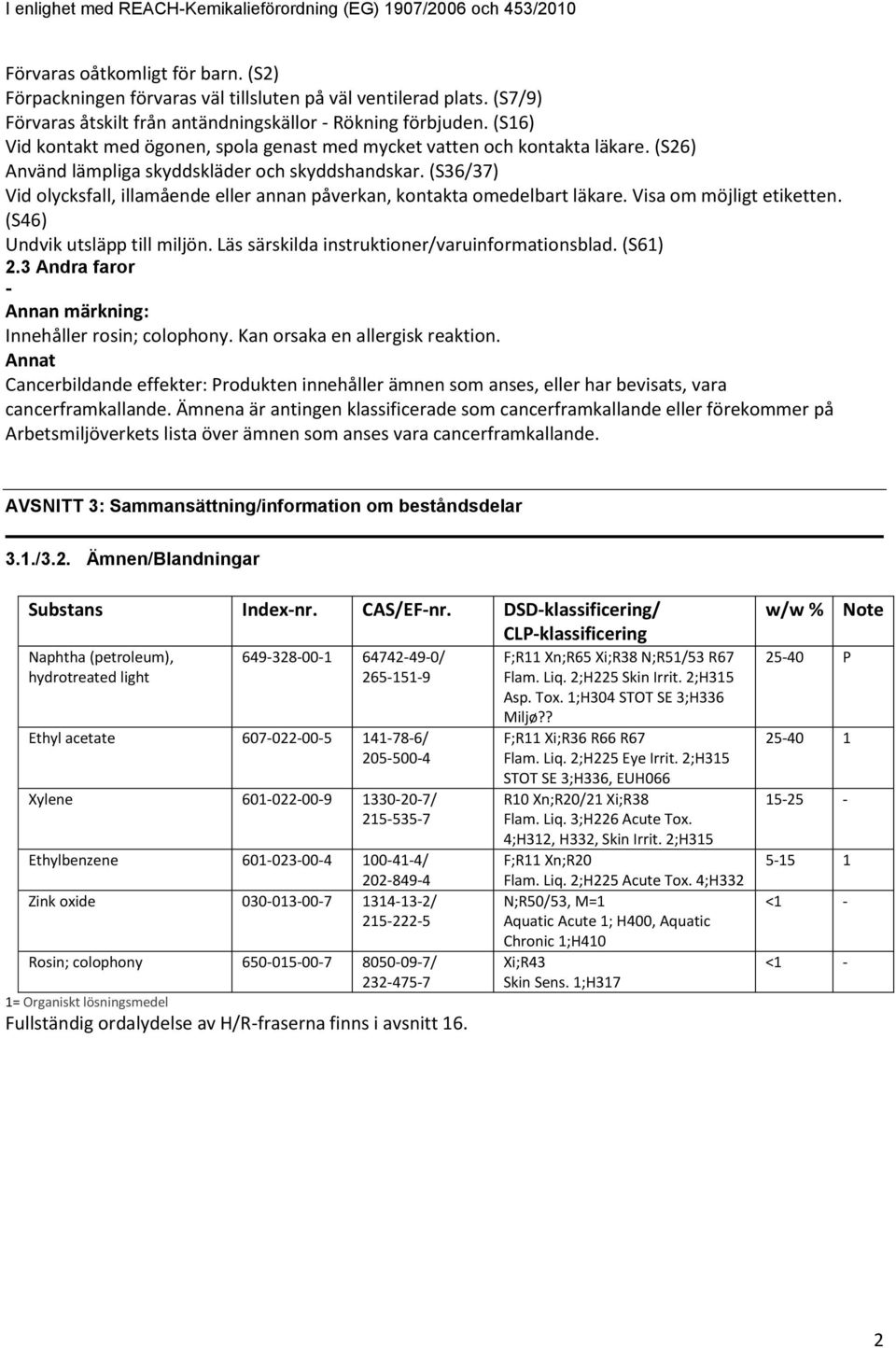 (S36/37) Vid olycksfall, illamående eller annan påverkan, kontakta omedelbart läkare. Visa om möjligt etiketten. (S46) Undvik utsläpp till miljön. Läs särskilda instruktioner/varuinformationsblad.