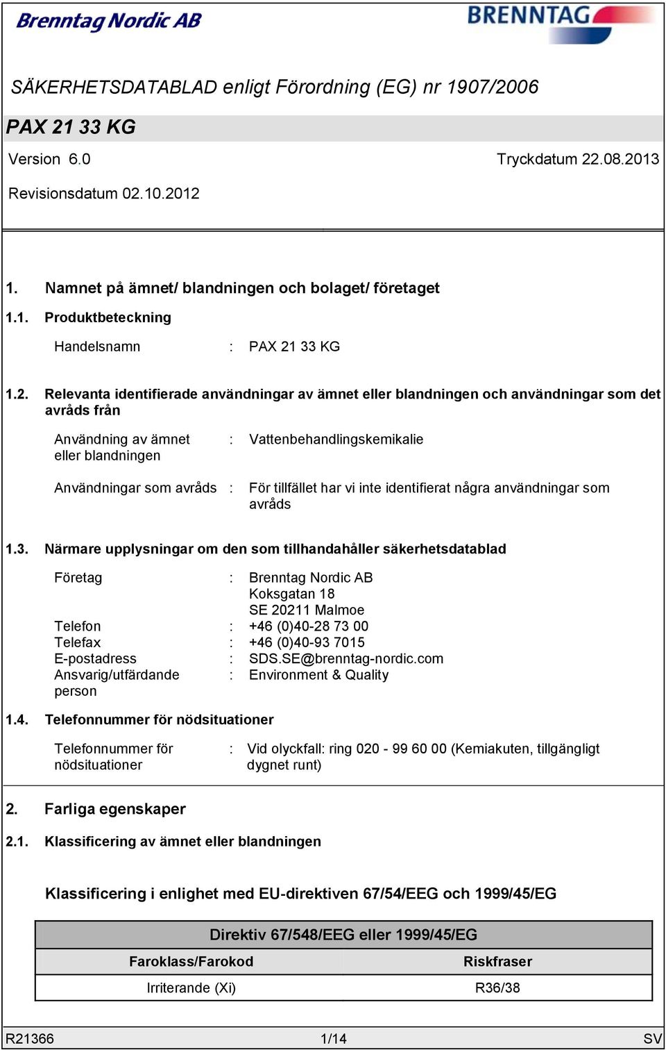 tillfället har vi inte identifierat några användningar som avråds 1.3.