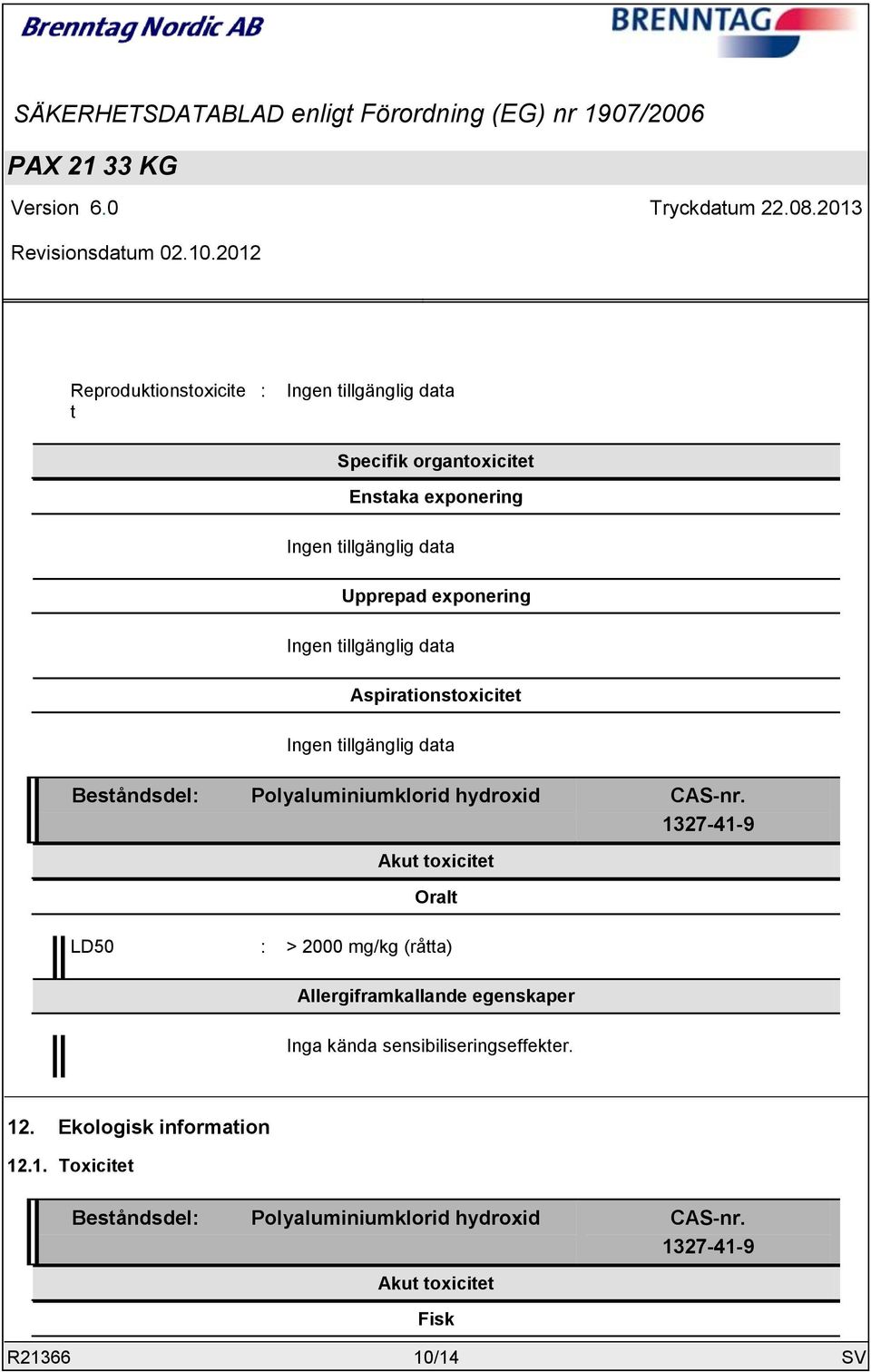 1327-41-9 Akut toxicitet Oralt LD50 : > 2000 mg/kg (råtta) Allergiframkallande egenskaper Inga kända sensibiliseringseffekter.