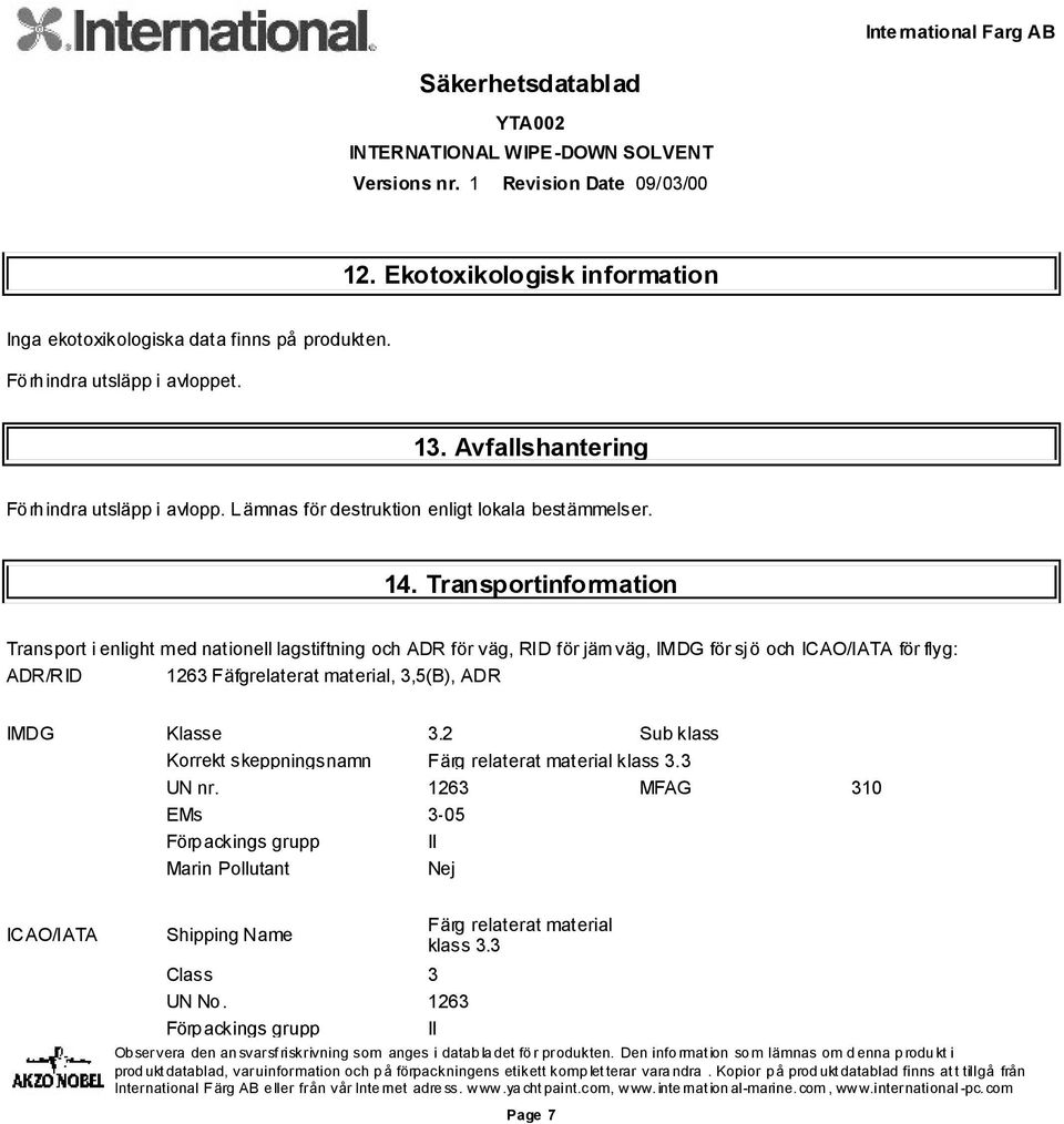 Transportinformation Transport i enlight med nationell lagstiftning och ADR för väg, RID för järnväg, IMDG för sjö och ICAO/IATA för flyg: ADR/RID 1263