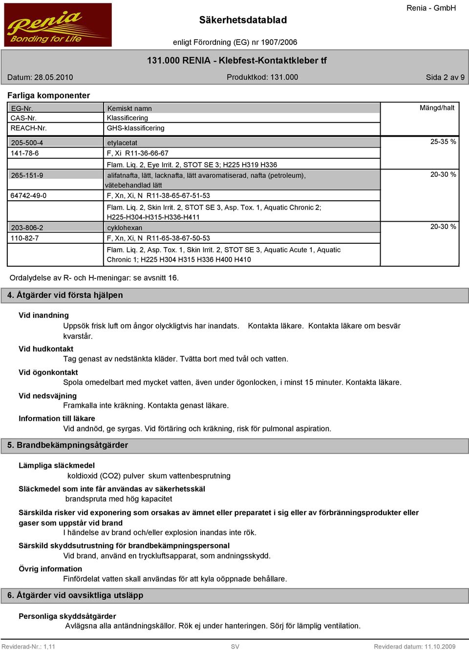 2, STOT SE, Asp. Tox. 1, Aquatic Chronic 2; H225-H04-H15-H6-H411 cyklohexan F, Xn, Xi, N R11-65-8-67-50-5 Flam. Liq. 2, Asp. Tox. 1, Skin Irrit.