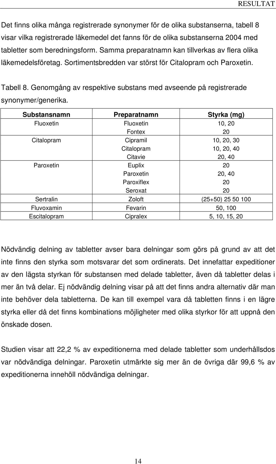 Genomgång av respektive substans med avseende på registrerade synonymer/generika.