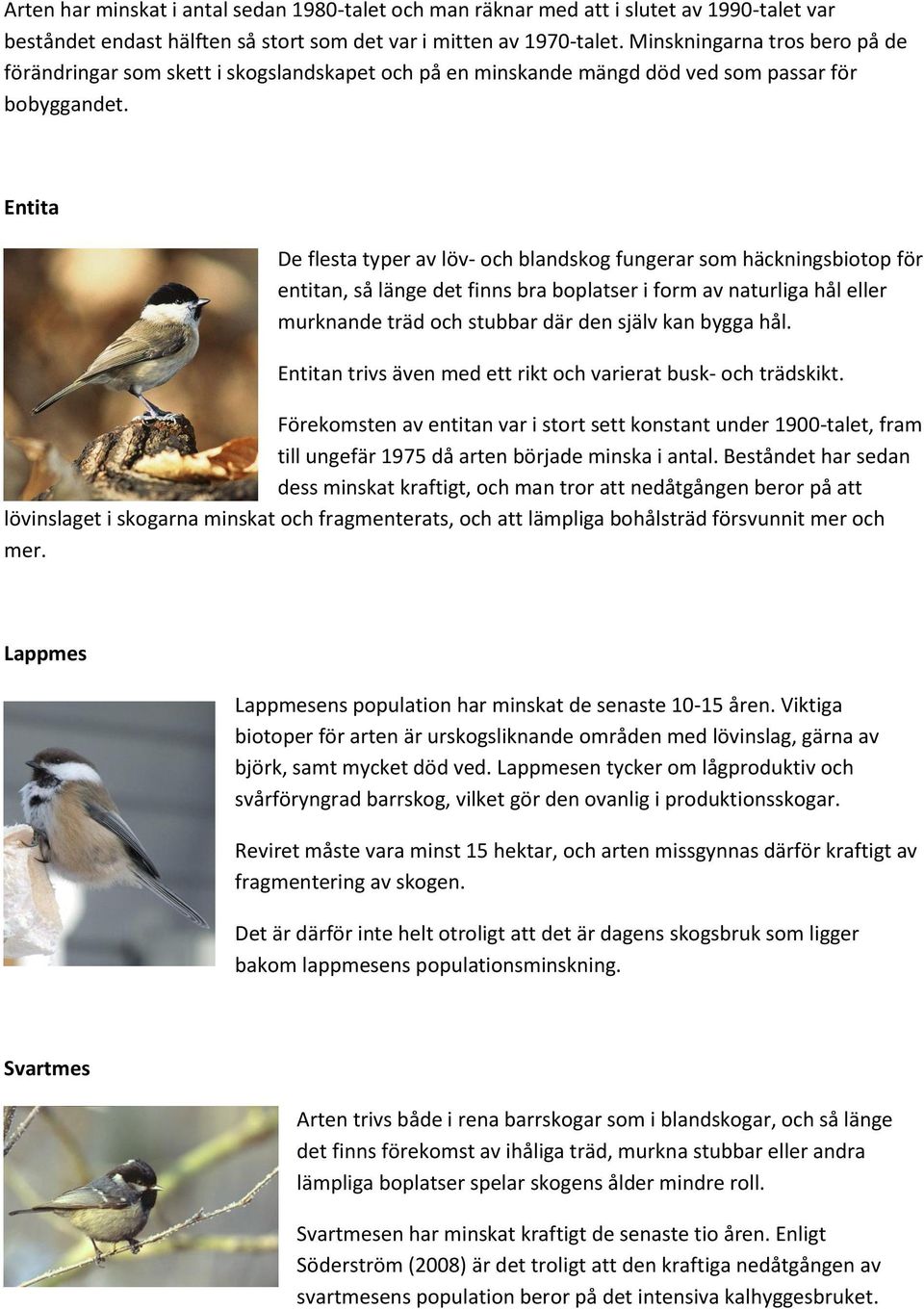 Entita De flesta typer av löv- och blandskog fungerar som häckningsbiotop för entitan, så länge det finns bra boplatser i form av naturliga hål eller murknande träd och stubbar där den själv kan